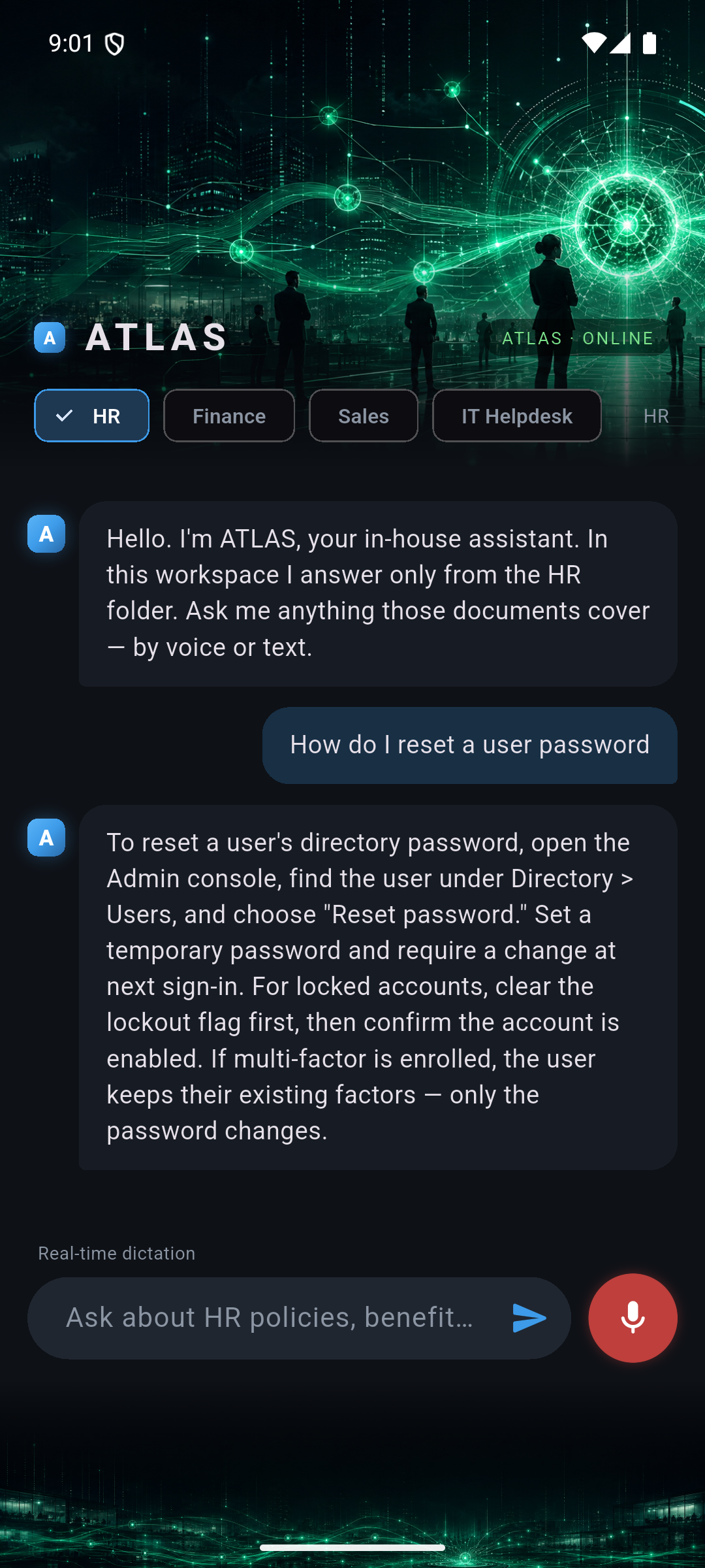 ATLAS answering a question grounded only in the organization's own documents