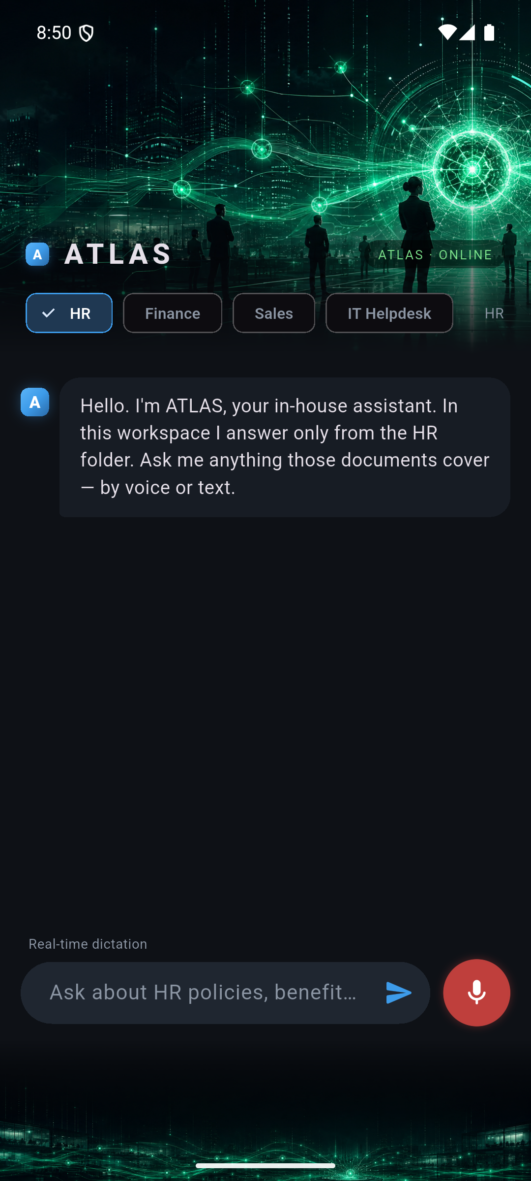 ATLAS AI assistant home screen with knowledge folder chips and greeting