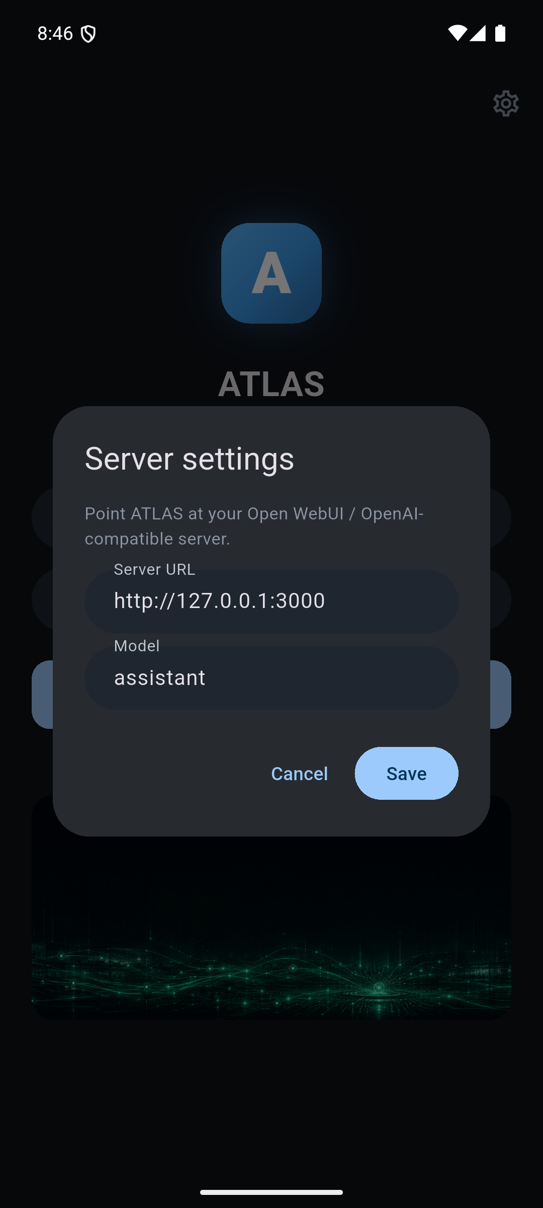 ATLAS server settings pointing the app at your own AI server