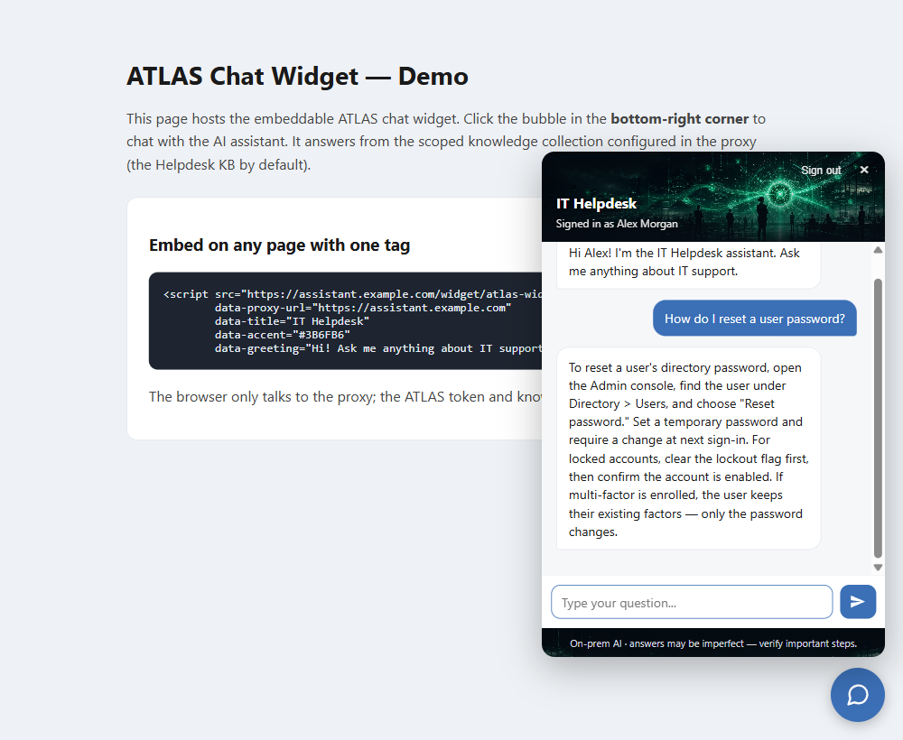 ATLAS embeddable web chat widget open on an internal site