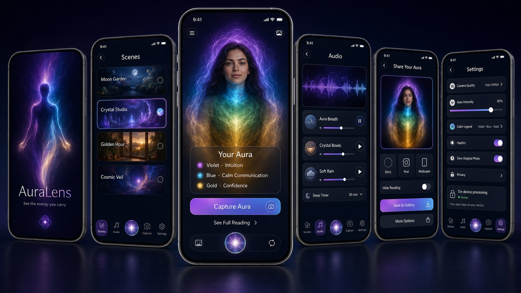 Bayou AuraLens — the app's screens fanned out: a glowing aura blooms around a portrait, with scenes, soundscapes, sharing, and settings