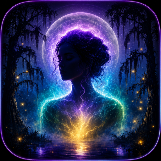 Bayou AuraLens app icon — a glowing lens bloom over a night bayou