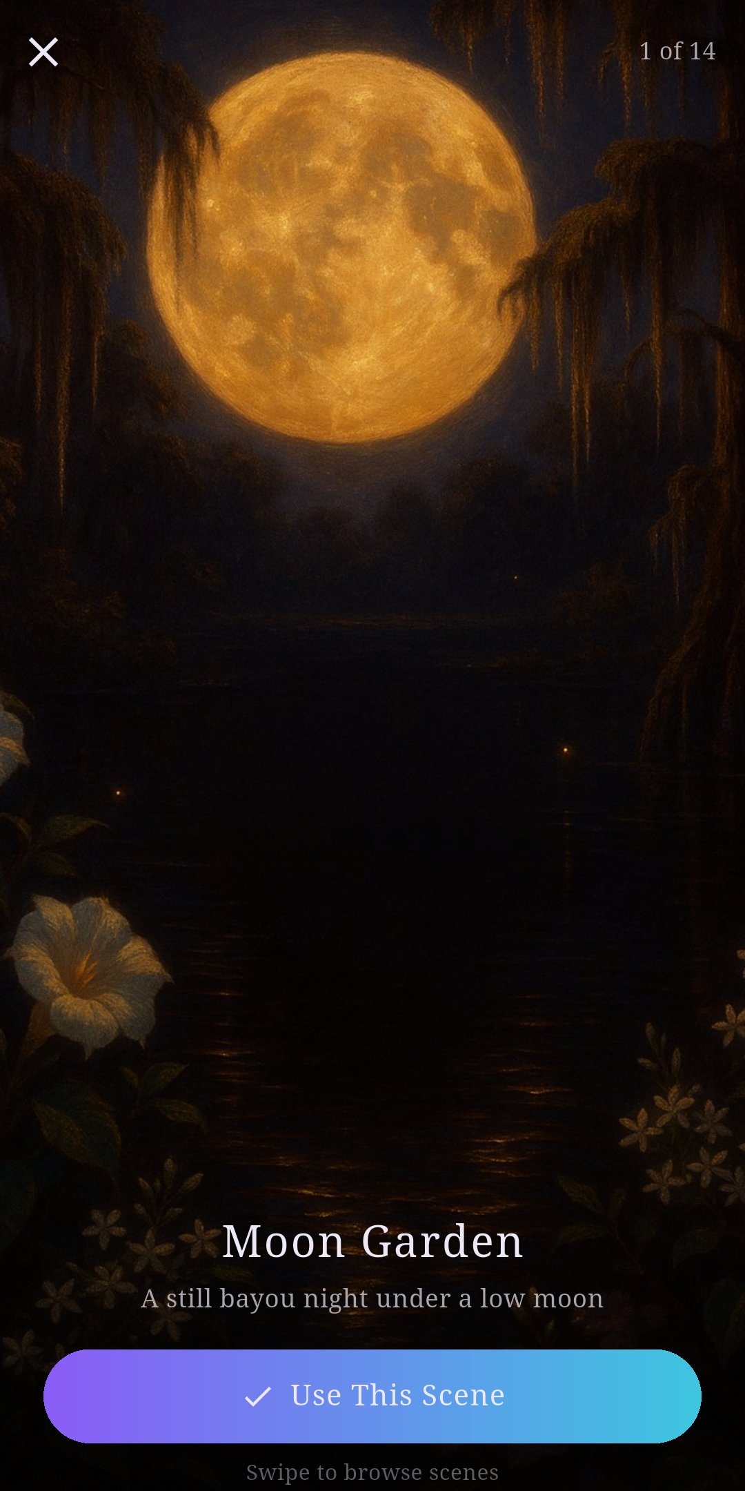 Bayou AuraLens screenshot — the Moon Garden scene, a still bayou night under a low moon