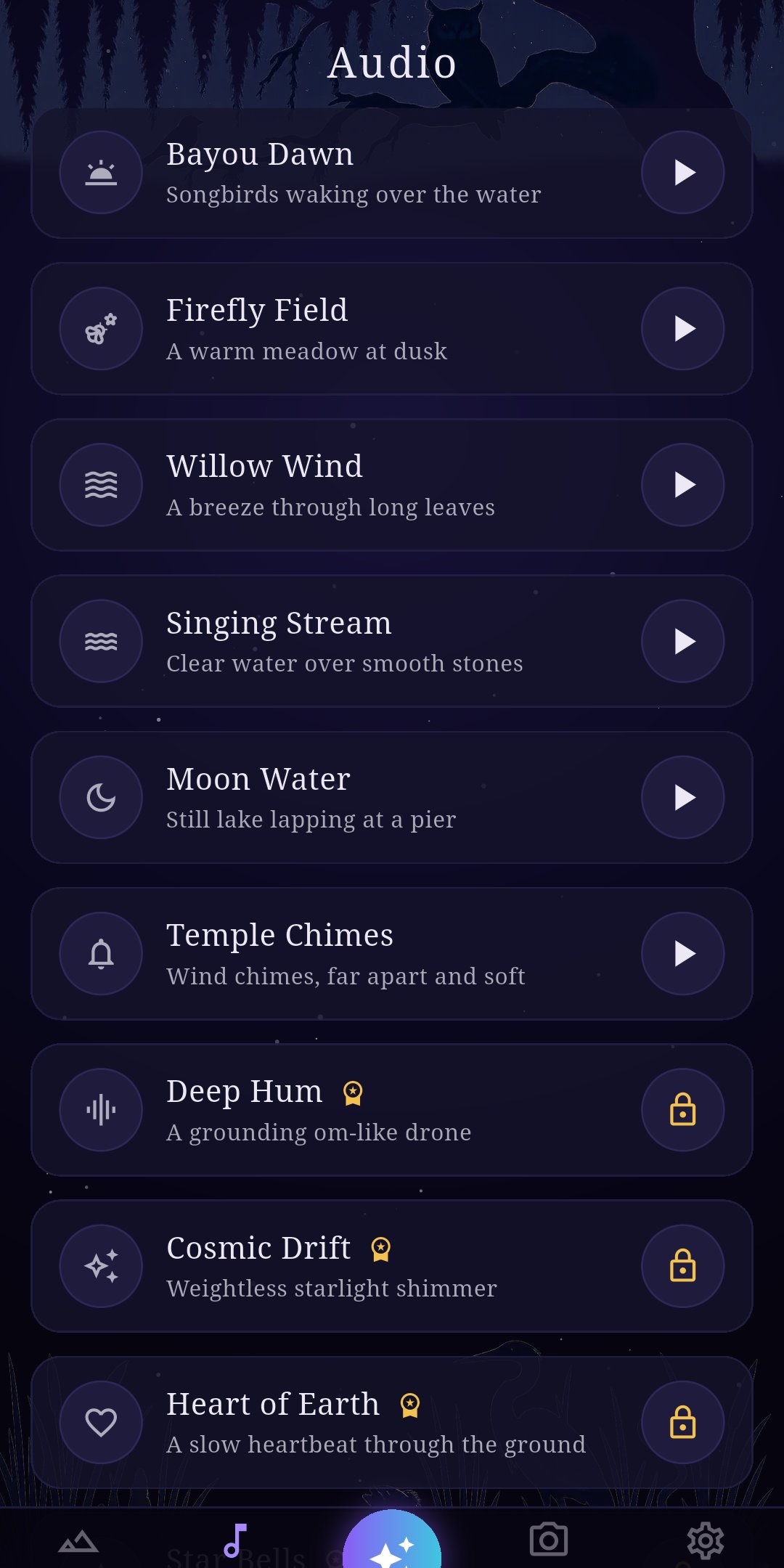 Bayou AuraLens screenshot — calming soundscapes from Bayou Dawn to Temple Chimes