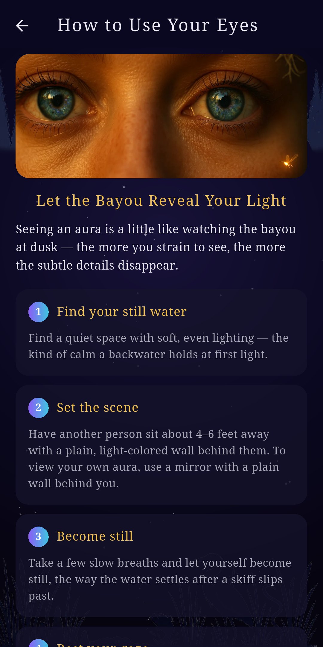 Bayou AuraLens screenshot — How to Use Your Eyes, the traditional aura-gazing guide