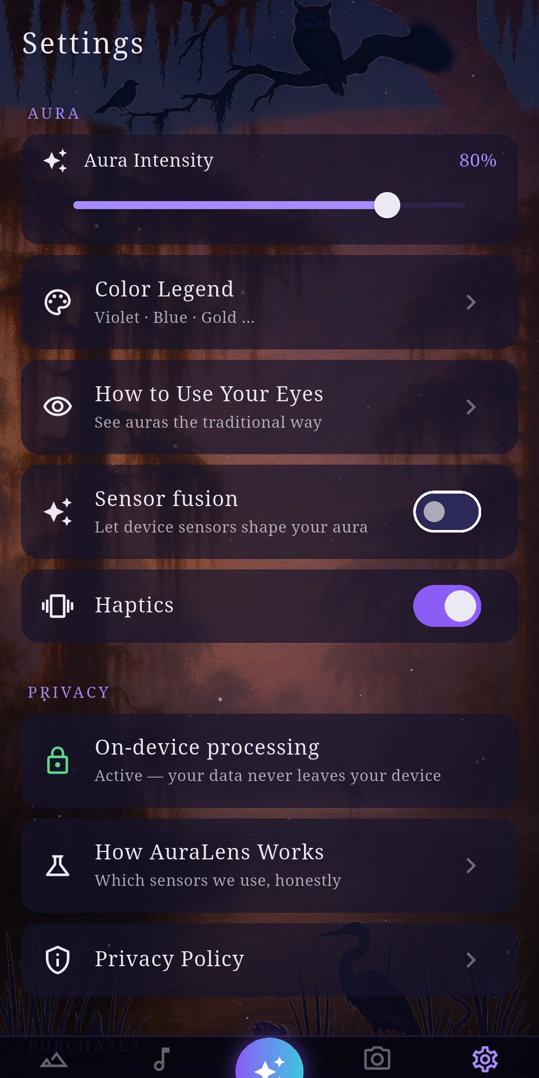 Bayou AuraLens screenshot — settings with the color legend, sensor fusion toggle, and on-device processing