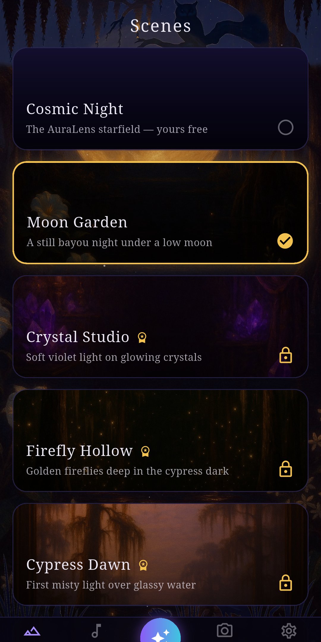 Bayou AuraLens screenshot — the scene library with Cosmic Night free