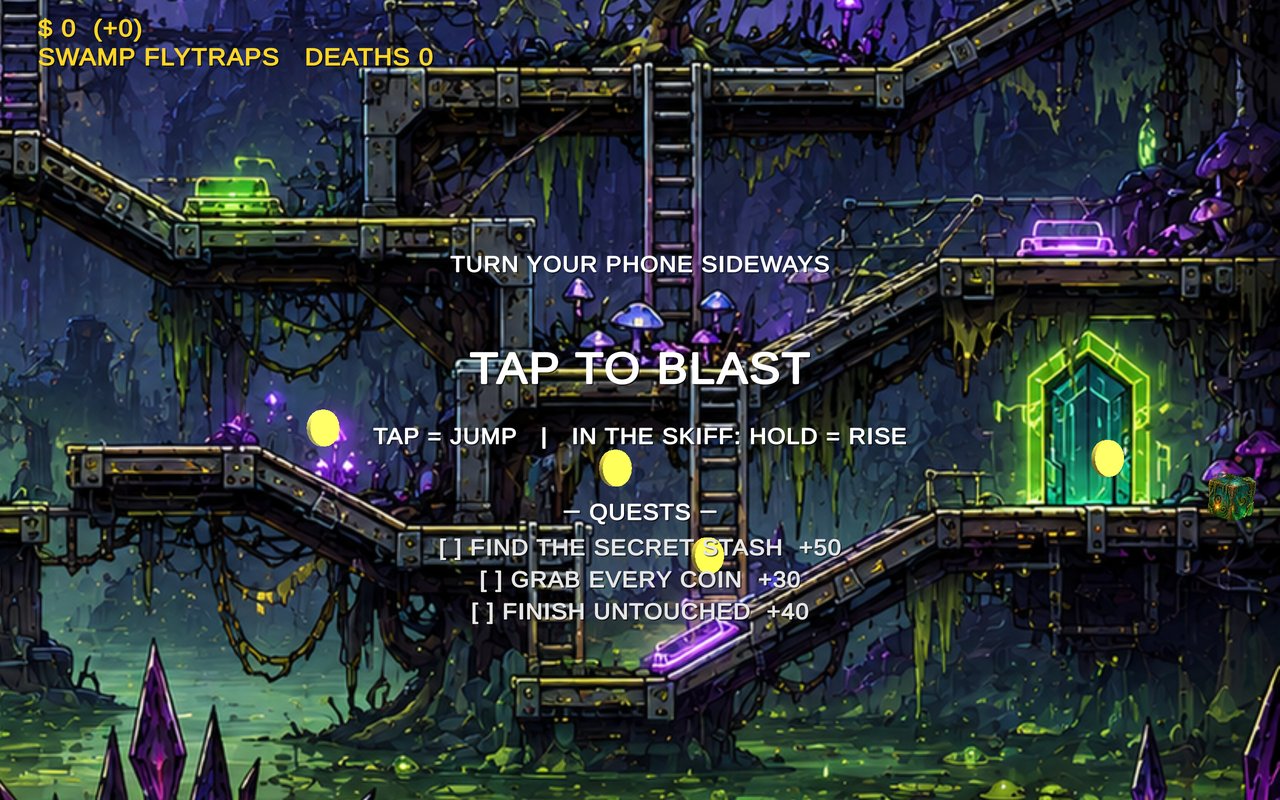 Bayou Blast gameplay — the crate running a neon catwalk past crystal spikes