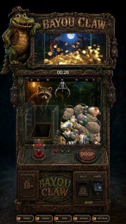 Bayou Claw screenshot — the claw mid-drop over the prize pit