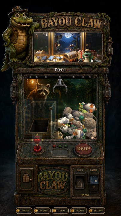 Bayou Claw screenshot — the painted cabinet lit up and ready to play
