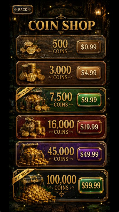 Bayou Claw screenshot — the coin shop's painted shelves