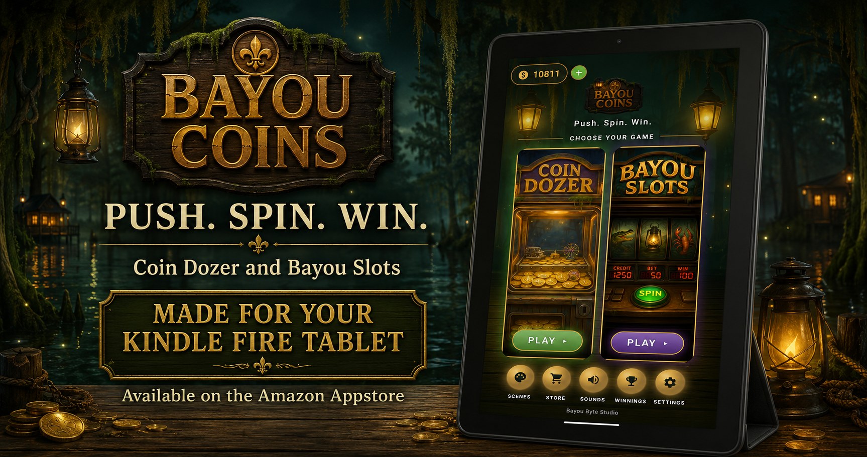 Bayou Coins — Push. Spin. Win. Coin Dozer and Bayou Slots, made for your Kindle Fire tablet. Available on the Amazon Appstore.