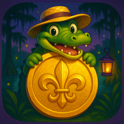 Bayou Coins app icon — a grinning gator in a straw hat holding a gold fleur-de-lis coin