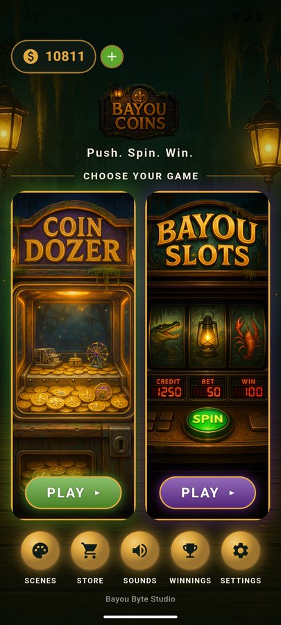 Bayou Coins screenshot — the arcade floor with the Coin Dozer and Bayou Slots machines