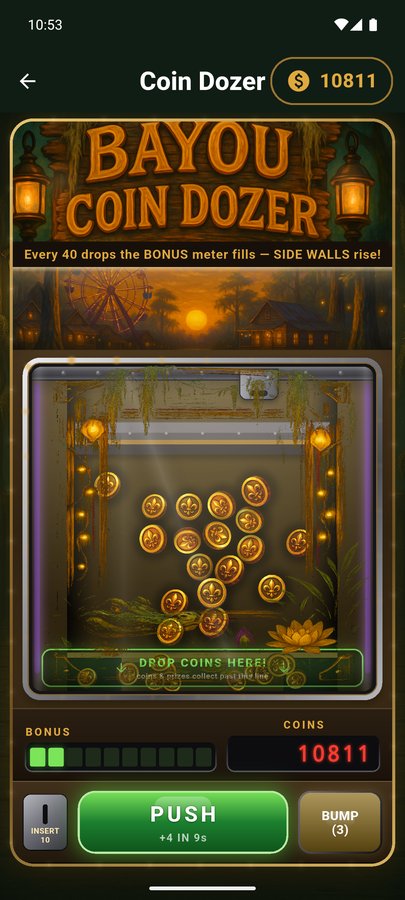 Bayou Coins screenshot — the coin dozer table framed in cypress and lantern light