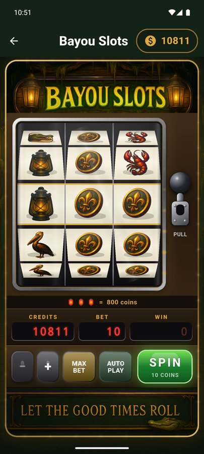 Bayou Coins screenshot — the slot machine cabinet with painted reels and pull lever