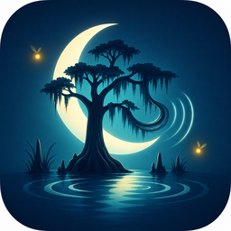 Bayou Dreams app icon — a cypress tree against a crescent moon over still water