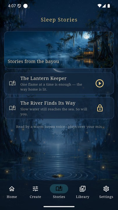 Bayou Dreams screenshot — the Sleep Stories shelf with tales from the bayou
