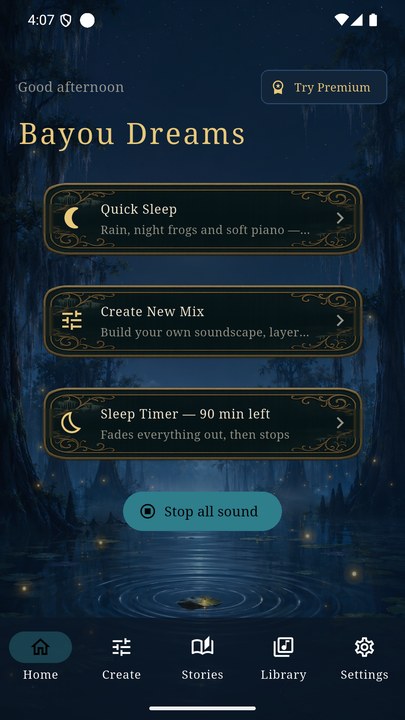 Bayou Dreams screenshot — the moonlit home screen with Quick Sleep, Create New Mix and Sleep Timer