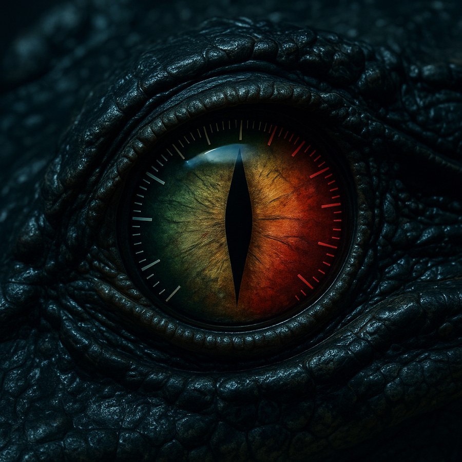 An alligator's eye as a measuring gauge — the iris sweeps green through amber to red