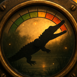 Bayou Feedback app icon — a brass gauge with an alligator silhouette needle