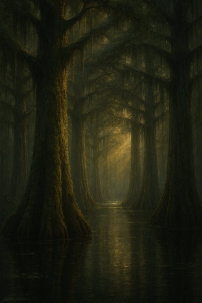 Cypress Cathedral — colossal mossy trunks vault over mirror water