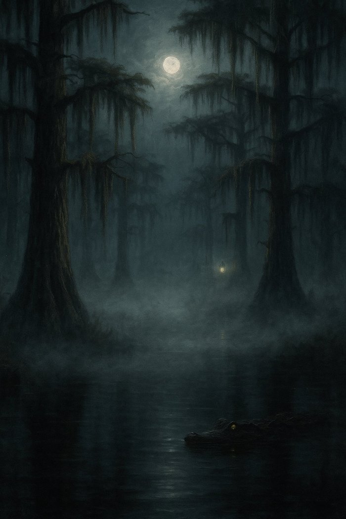 The Fog Bank — gator eyes glint above black water in thick mist