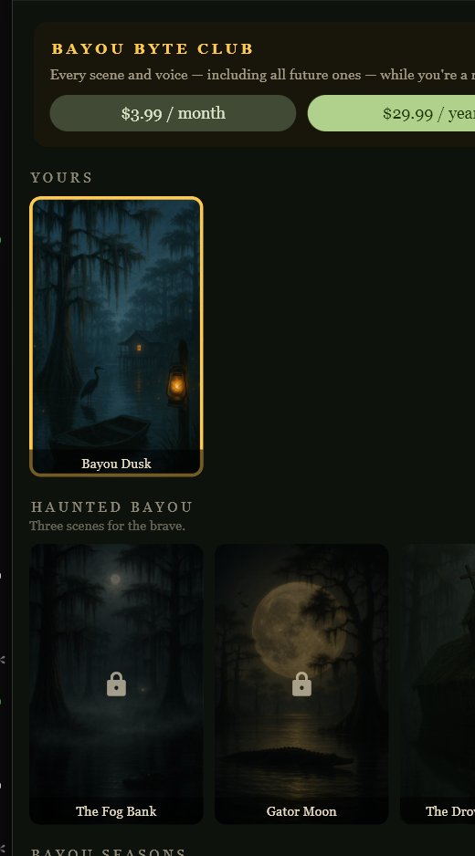 Bayou Feedback screenshot — the scenes gallery and Bayou Byte Club