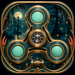 Bayou Fidget app icon — a brass fidget spinner over a moonlit bayou