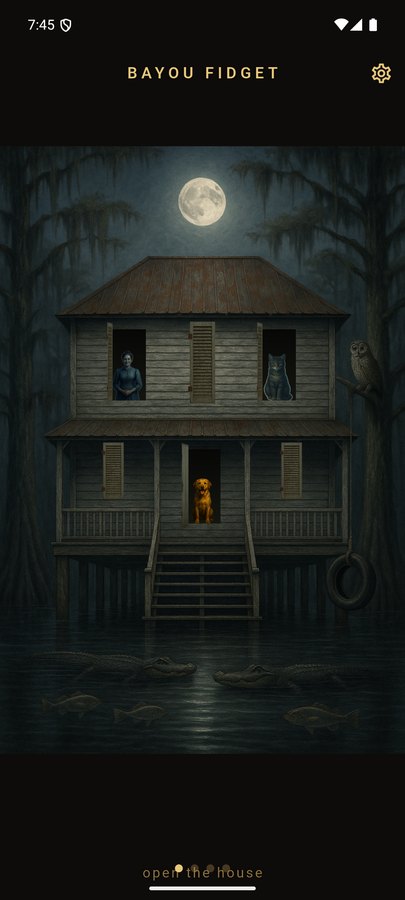Bayou Fidget screenshot — the moonlit swamp house with openable shutters and door