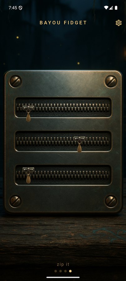 Bayou Fidget screenshot — the metal zippers set into a heavy brass block