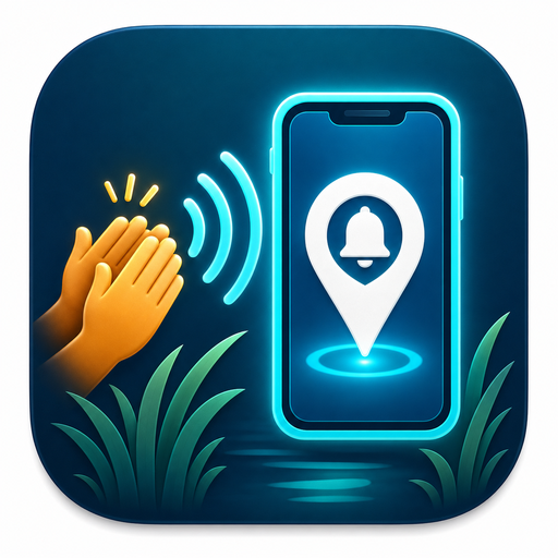 Bayou Finder app icon — a phone glowing in the bayou with a location pin and sound waves
