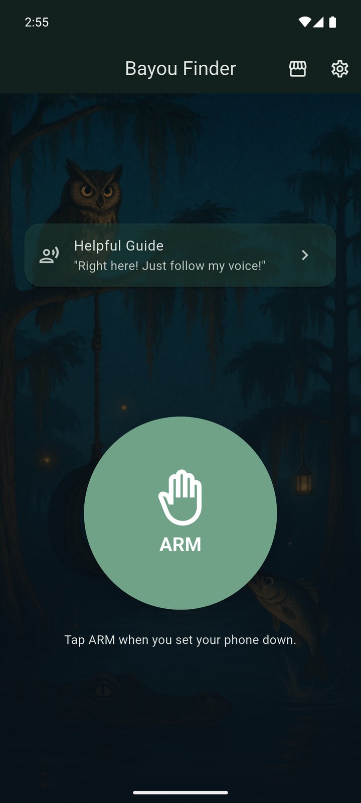 Bayou Finder screenshot — the big ARM button on a painted bayou night scene