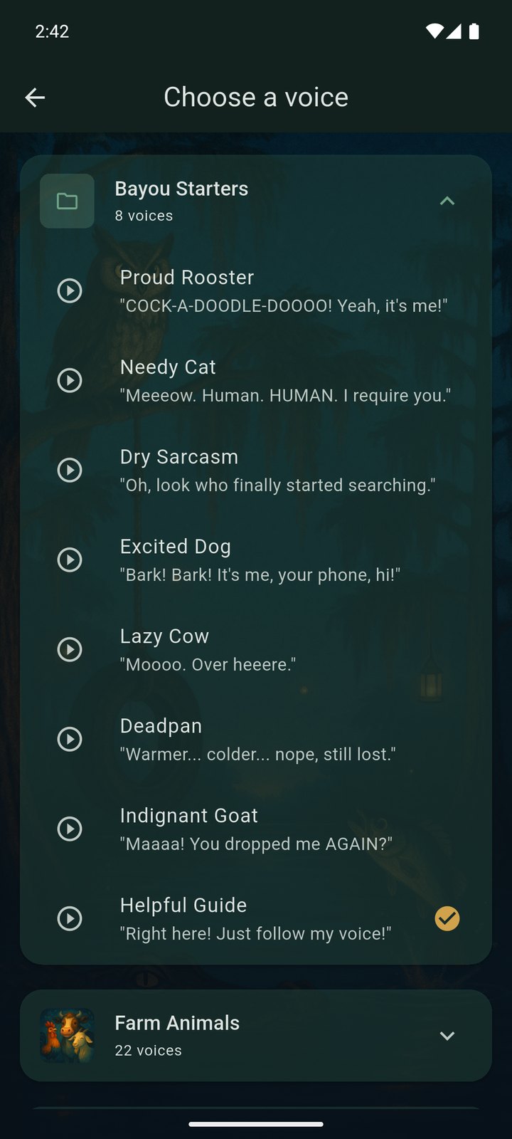 Bayou Finder screenshot — choosing a voice from the pack folders