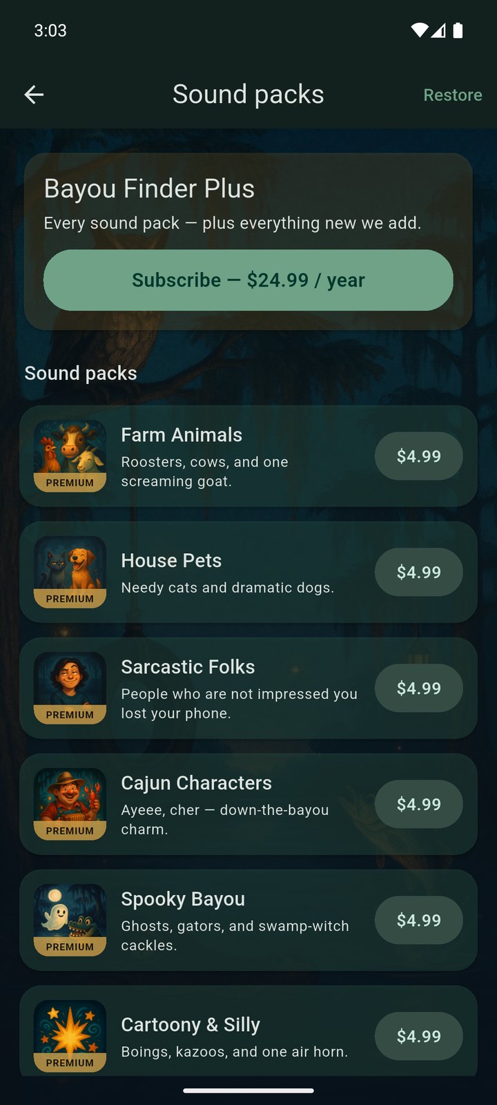Bayou Finder screenshot — the sound packs and voices store
