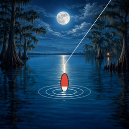 Bayou Fishing app icon — a fish leaping under the moon over dark water