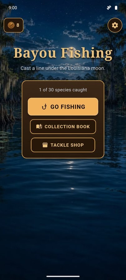 Bayou Fishing screenshot — the title screen under a full moon