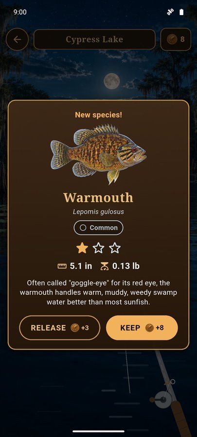 Bayou Fishing screenshot — a new species caught, with its size and weight