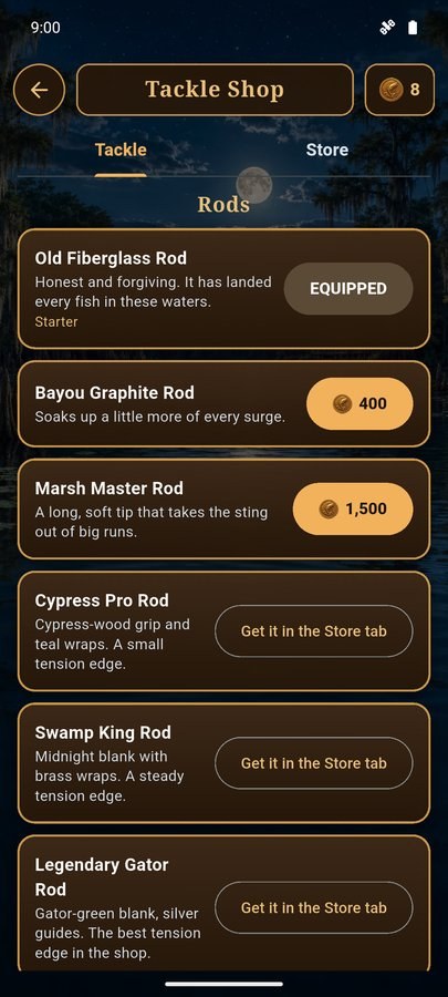 Bayou Fishing screenshot — the Tackle Shop's rods