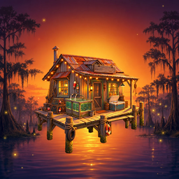 Bayou Idle app icon — a lit bait shack on a sunset boardwalk