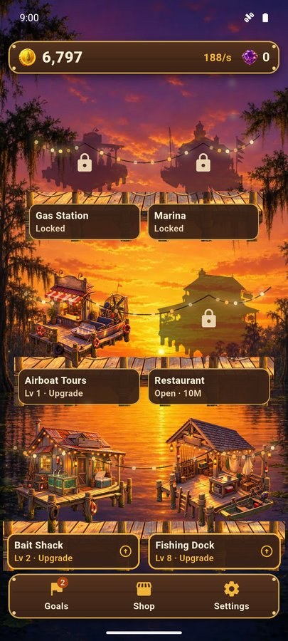 Bayou Idle screenshot — the sunset boardwalk town with its businesses