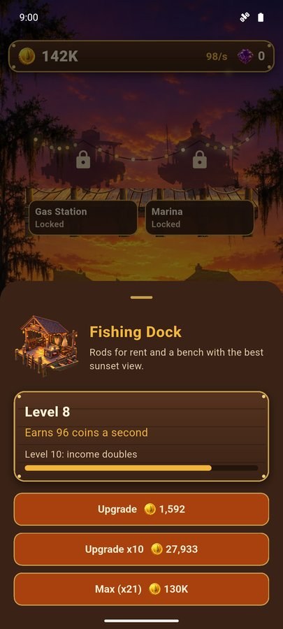 Bayou Idle screenshot — upgrading the Fishing Dock