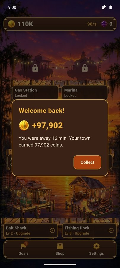 Bayou Idle screenshot — the welcome back panel showing coins earned while away