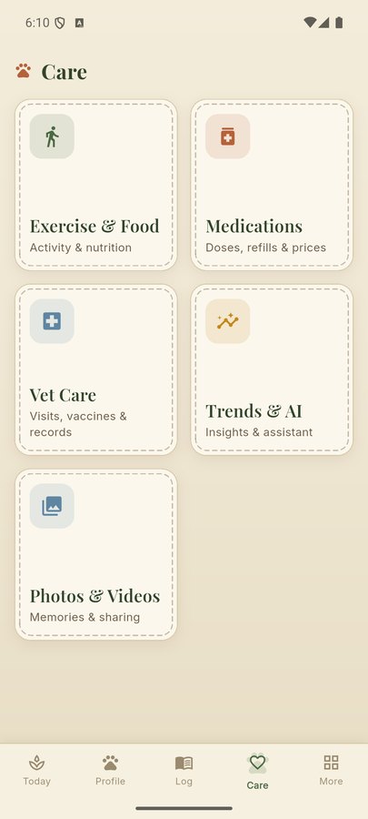 Bayou Pet Health screenshot — the felt Care hub with Exercise, Medications, Vet Care, Trends and Photos