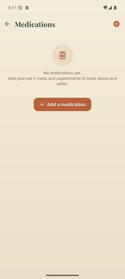 Bayou Pet Health screenshot — the Medications screen with dose tracking