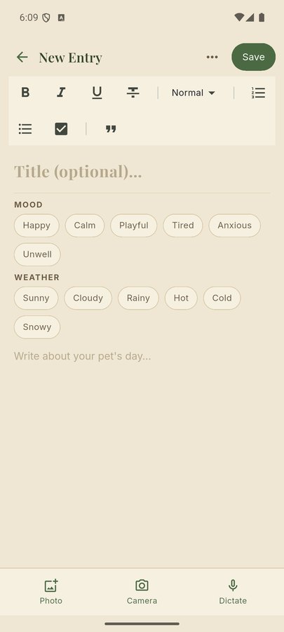 Bayou Pet Health screenshot — the felt journal editor with mood and weather