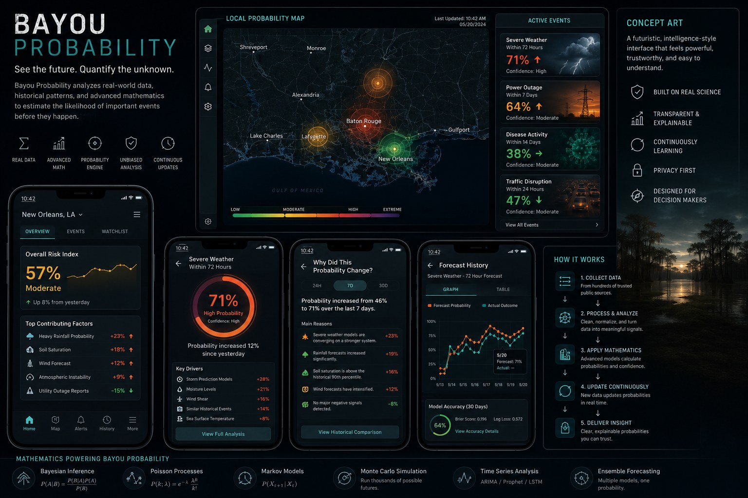 Bayou Probability interface overview — a local probability map of Louisiana, active-event cards, the overall risk index, a 71% severe-weather gauge, a 'why did this change' breakdown, forecast history, and the mathematics behind it