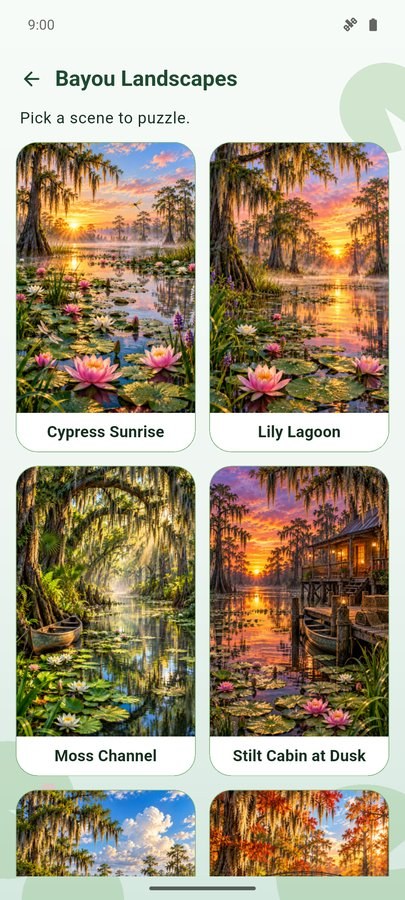 Bayou Puzzles screenshot — picking a scene from the Bayou Landscapes pack