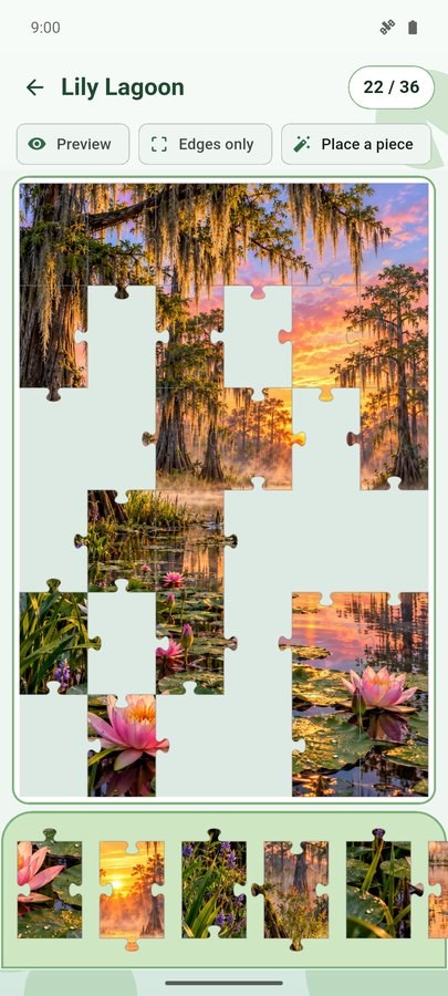 Bayou Puzzles screenshot — a jigsaw in progress with pieces in the tray