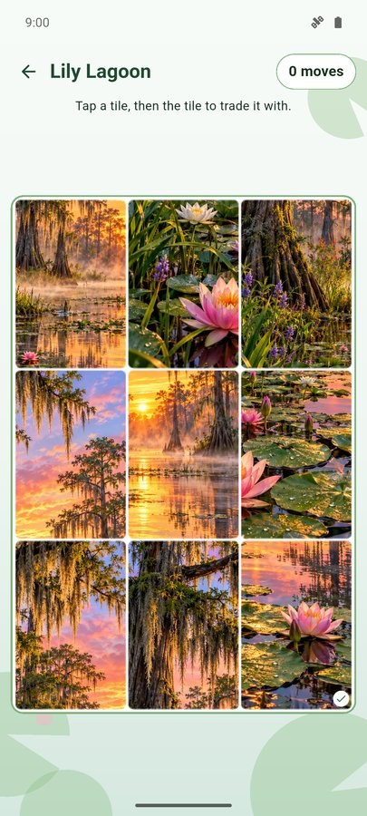 Bayou Puzzles screenshot — a Tile Swap board of a lily lagoon
